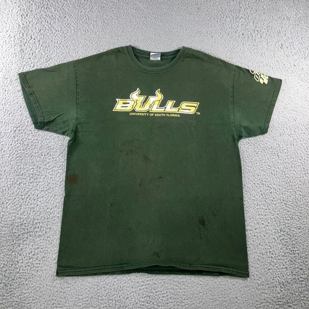 VTG University of South Florida Bulls Shirt L Thrashed USF We Believe Green Gold
